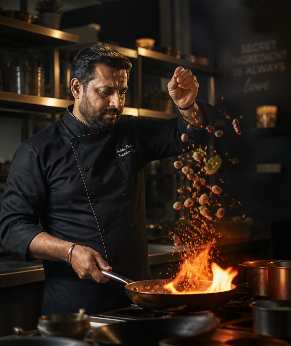 Chef tossing spices over an open flame